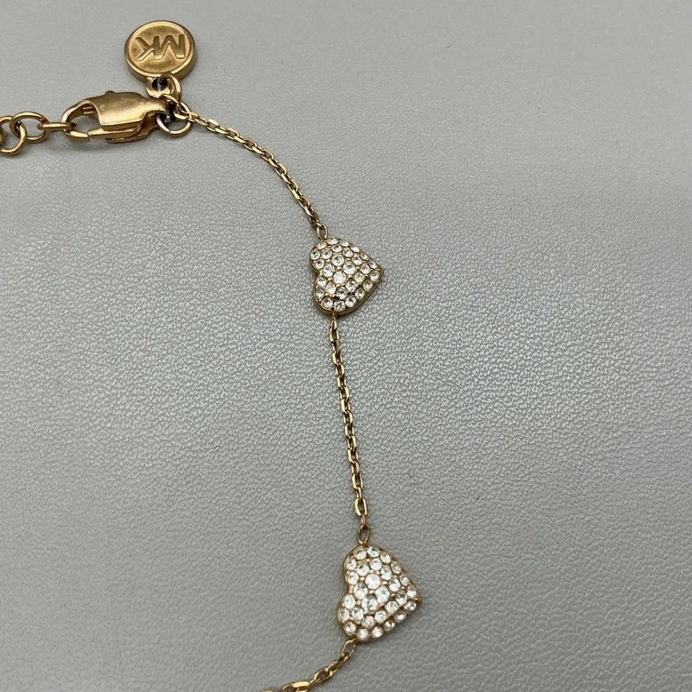 Michael Kors Bracelet Gold Tone Crystal Pave Heart Charm Chain Adjustable